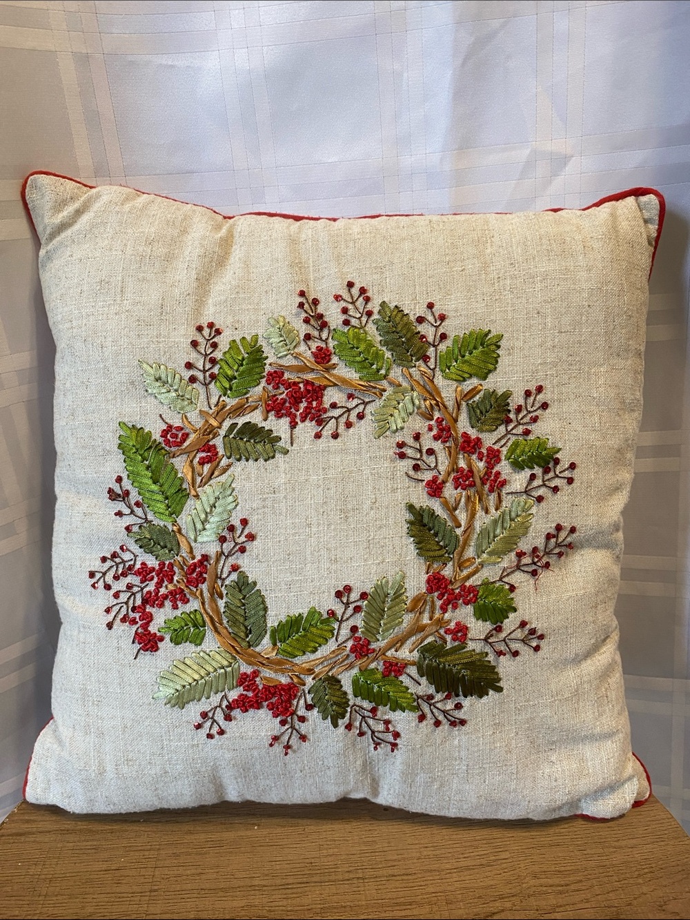 K&K Interiors Embroidered Christmas Holiday Wreath Decorative Throw Pillow